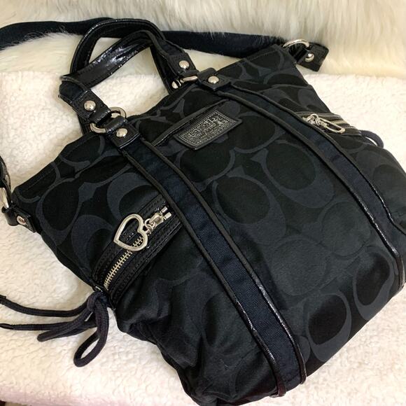 COACH POPPY DAISY Black Signature Sateen Canvas Drawstring SPOTLIGHT Tote F20101 - Picture 13 of 16